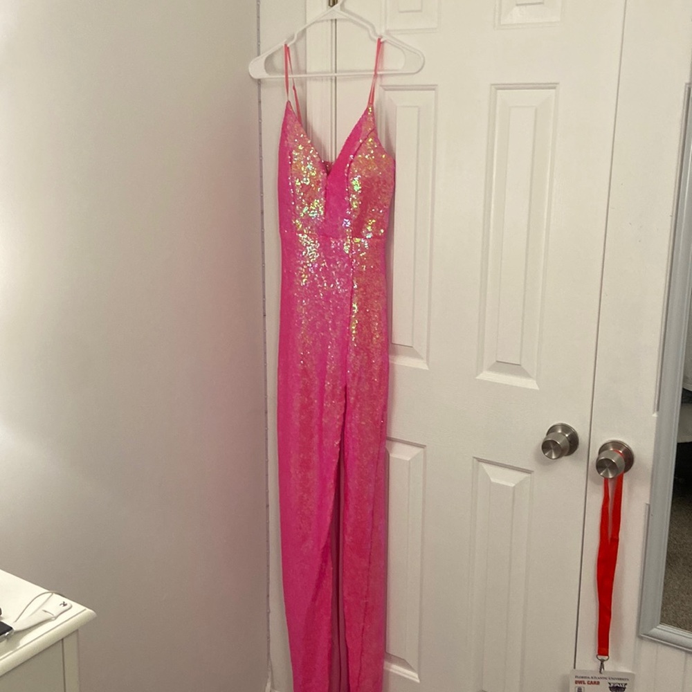 pink sequence prom dress
